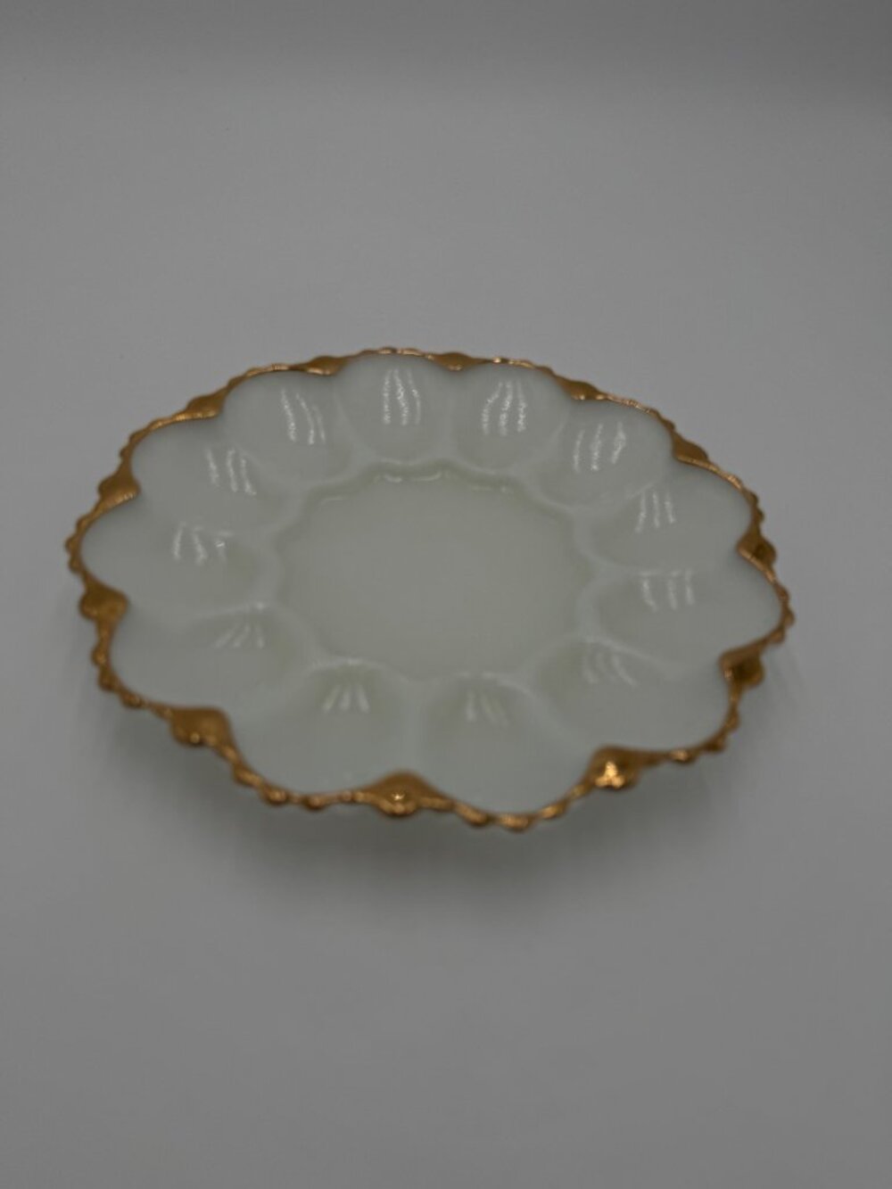 Vintage Anchor Hocking Fire king Milk Glass Deviled Egg Plate Gold Trim